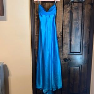 Ice blue formal dress with rhinestone diamonds on straps and sheer accents